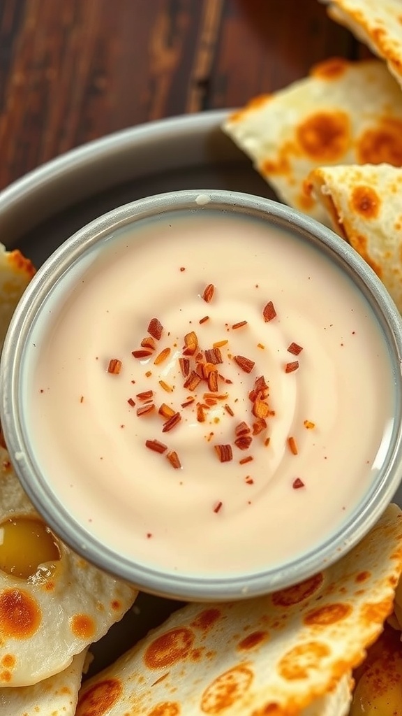 Creamy quesadilla sauce in a bowl with taco seasoning, served with crispy quesadillas.